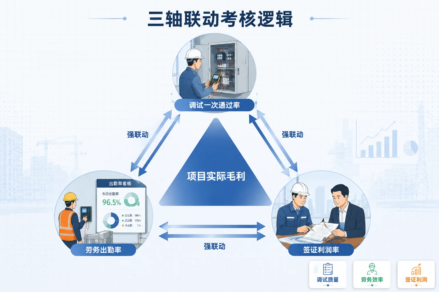 机电安装经理考核包干表：调试通过率、出勤率与签证利润率