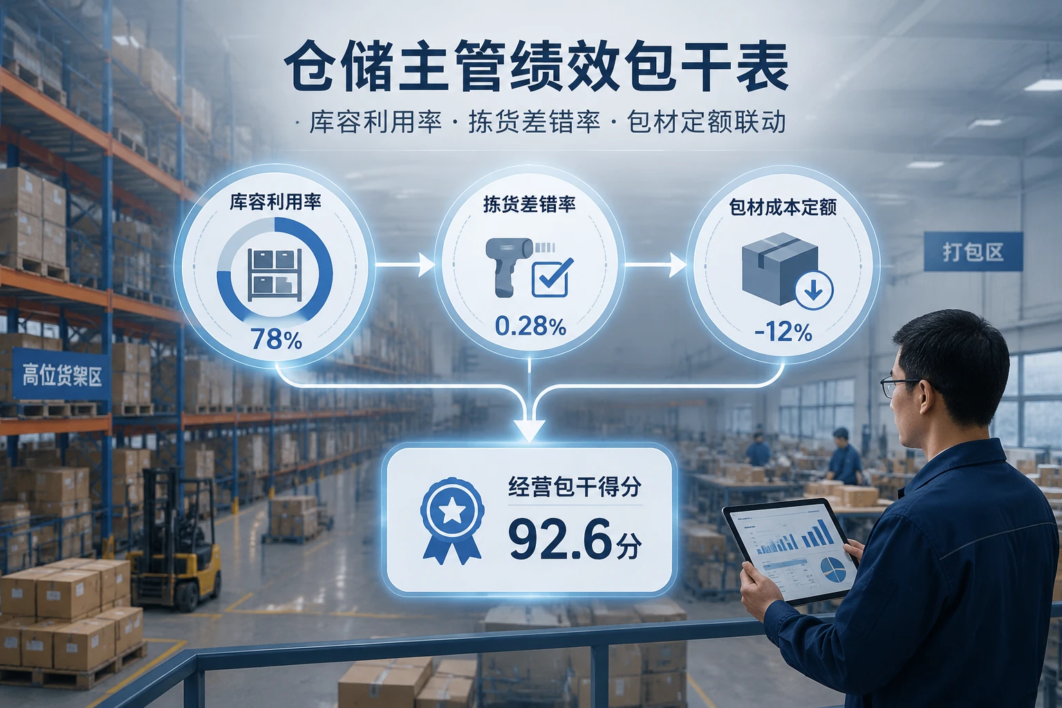仓储主管绩效包干表：库容利用率、拣货差错率与包材定额联动