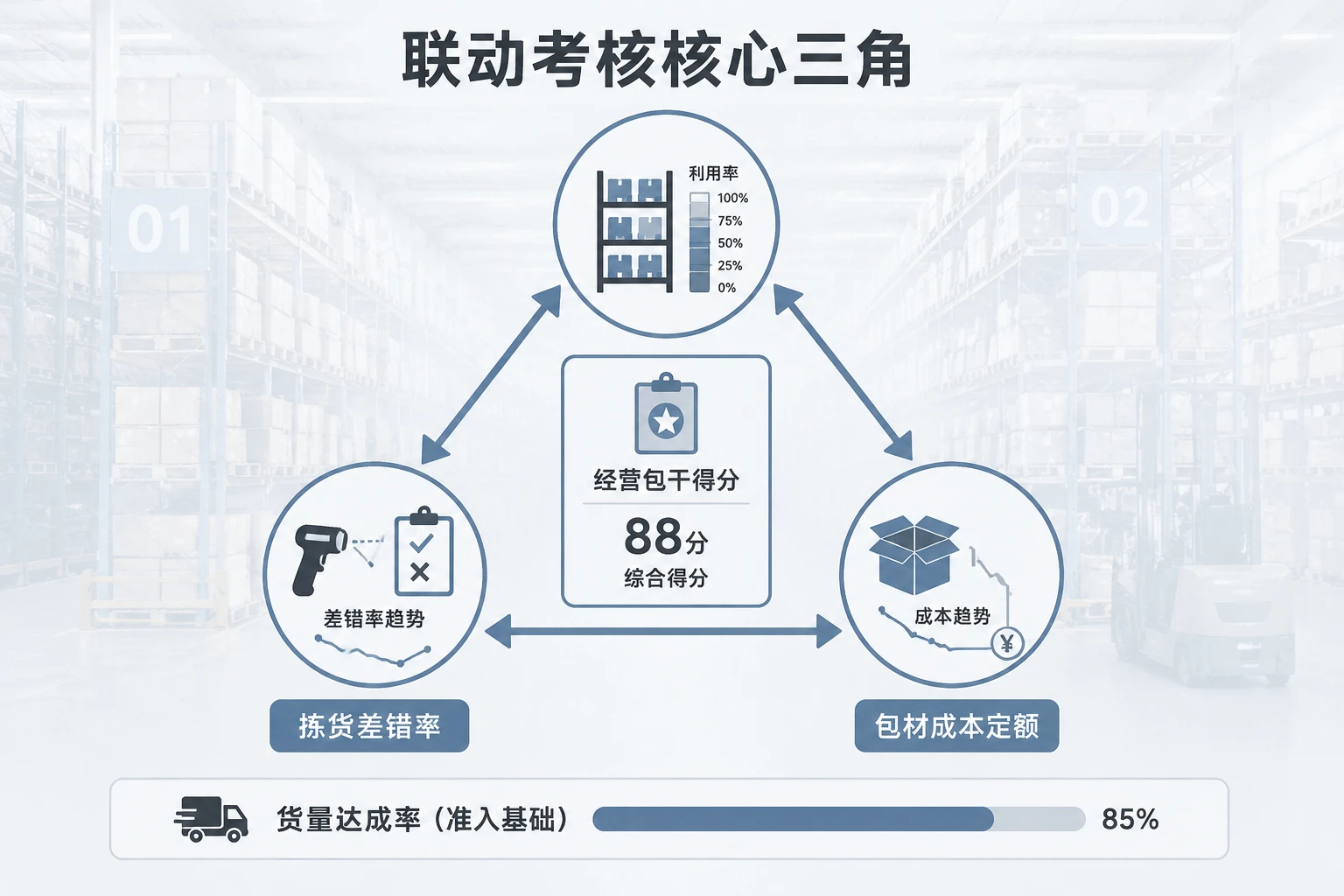 仓储主管绩效包干表：库容利用率、拣货差错率与包材定额联动