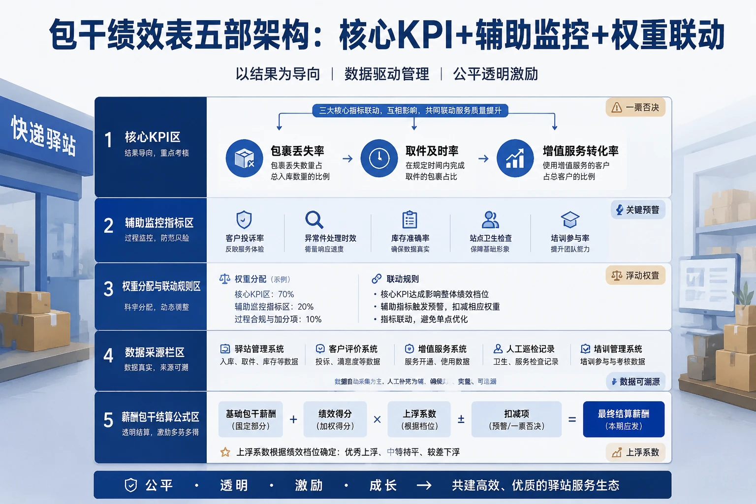 快递驿站站长包干绩效表：包裹丢失率、取件及时率与增值转化联动（2026年版）