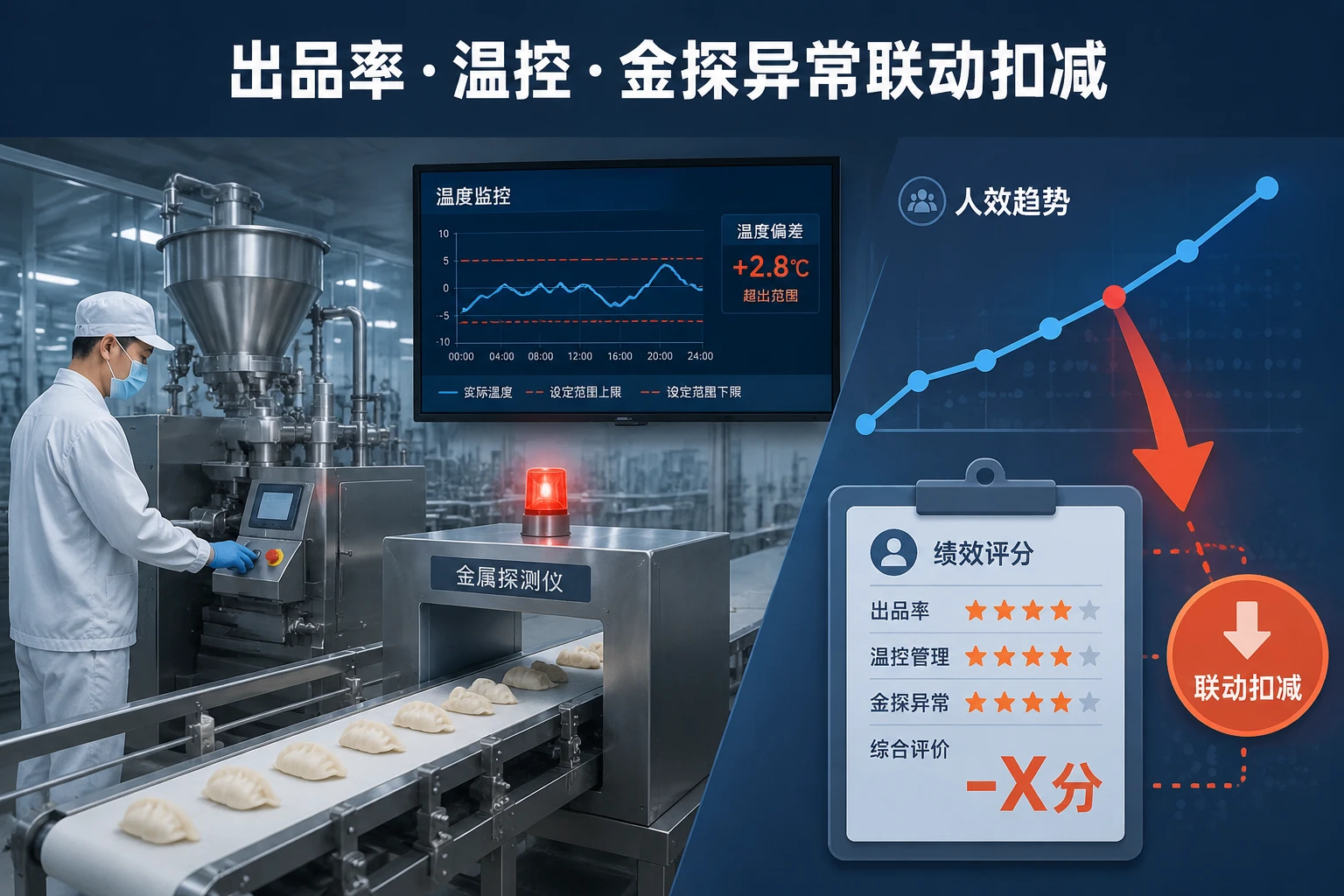 冷冻食品成型班组绩效方案：出品率、温控与金探异常联动扣减