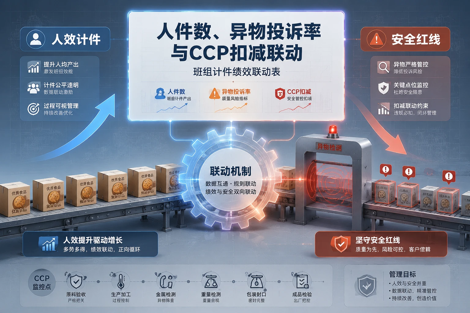 休闲食品包装班组计件绩效联动表：人件数、异物投诉率与CCP扣减