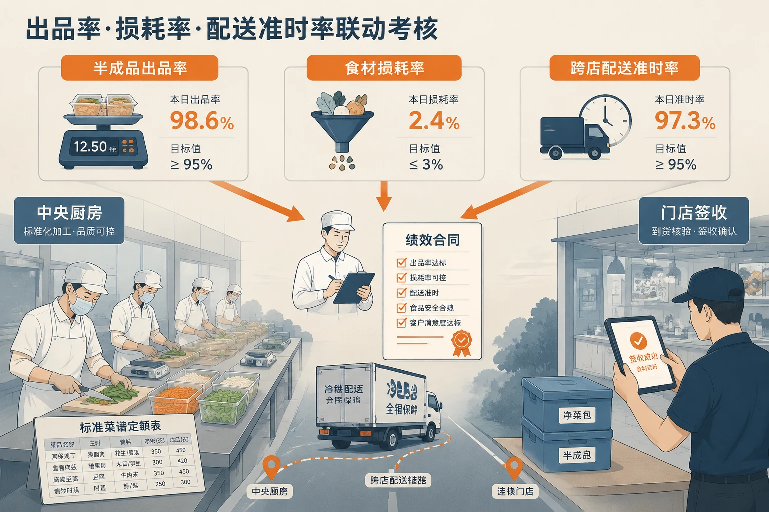2026年中央厨房主管绩效包干模板：出品率、损耗率与跨店配送准时率联动