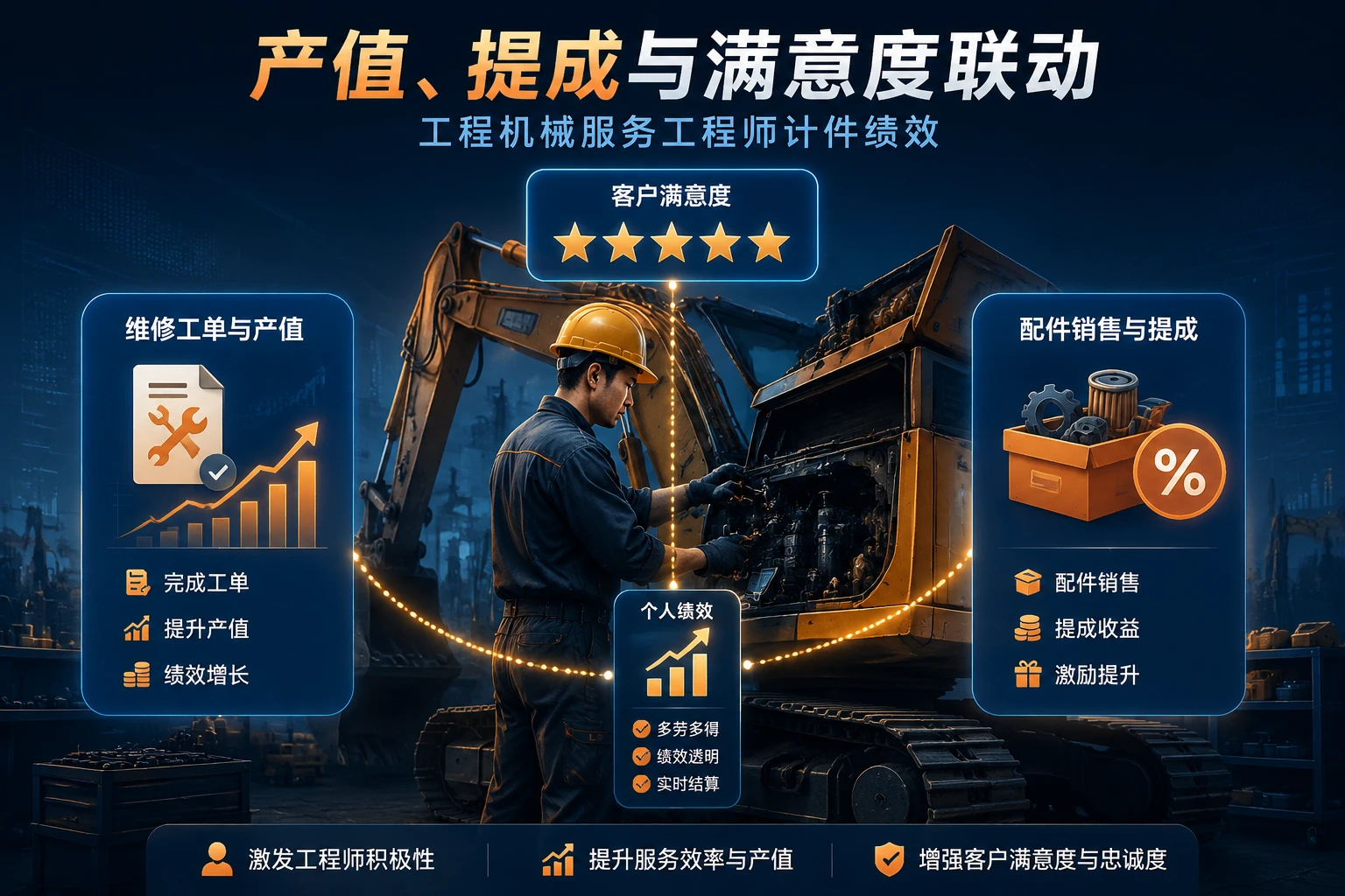 工程机械服务工程师计件绩效表：产值、提成与满意度联动