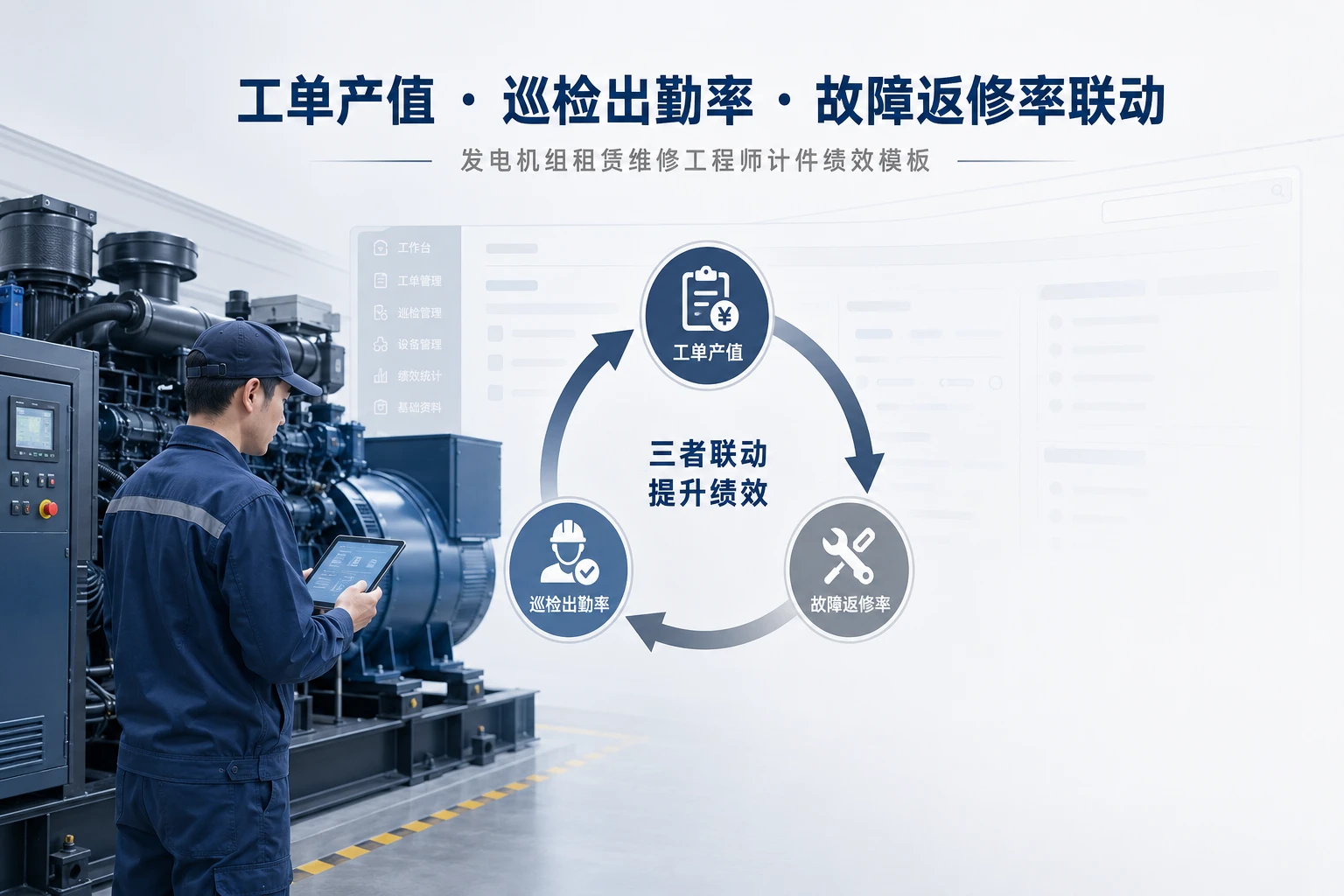 2026年发电机组租赁维修工程师计件绩效模板：工单产值、巡检出勤率与故障返修率联动