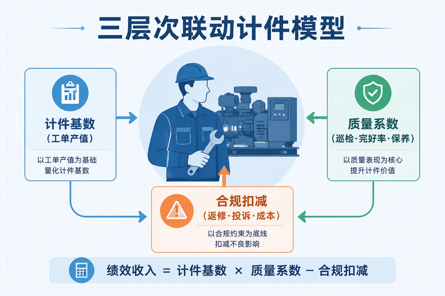 2026年发电机组租赁维修工程师计件绩效模板：工单产值、巡检出勤率与故障返修率联动