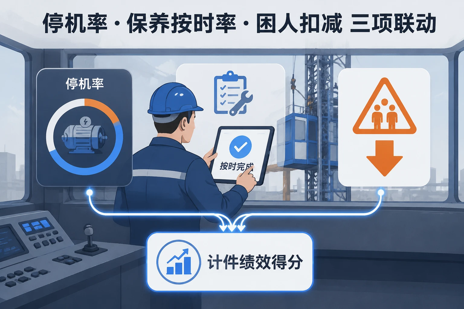2026年施工电梯维保班组计件单：故障停机率、保养按时率与困人扣减联动