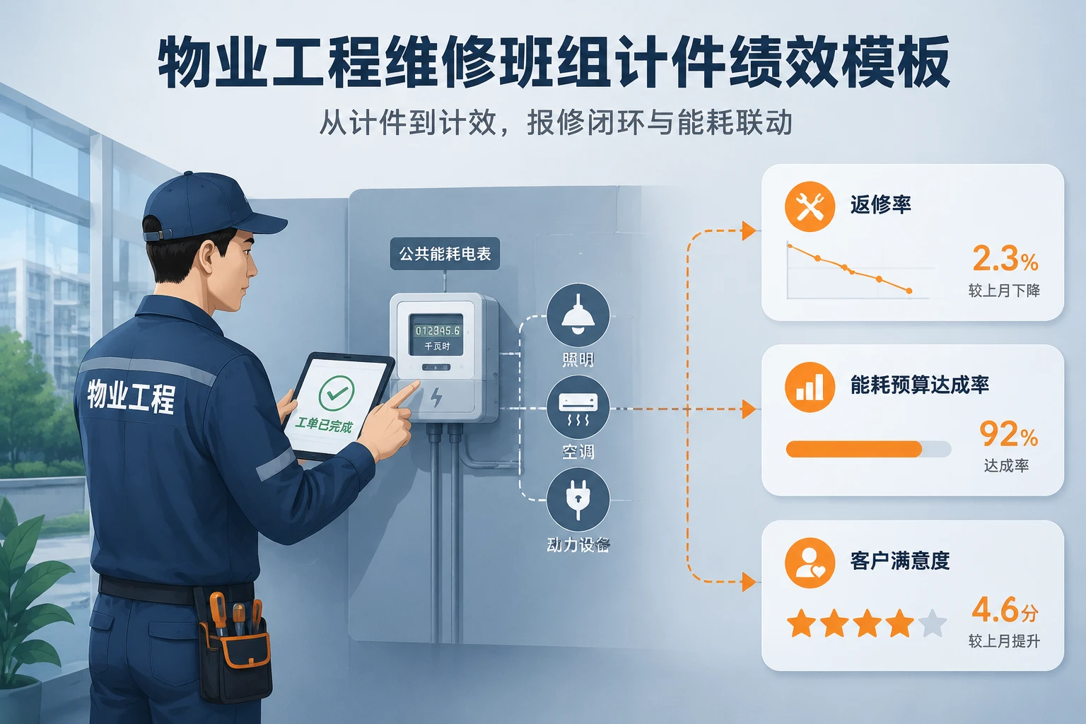 物业工程维修班组计件绩效模板:报修闭环、返修率与能耗联动