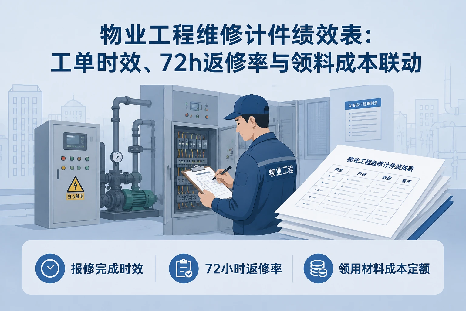 物业工程维修计件绩效表:工单时效、72h返修率与领料成本联动