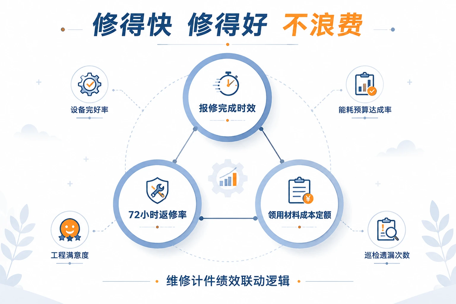 物业工程维修计件绩效表:工单时效、72h返修率与领料成本联动