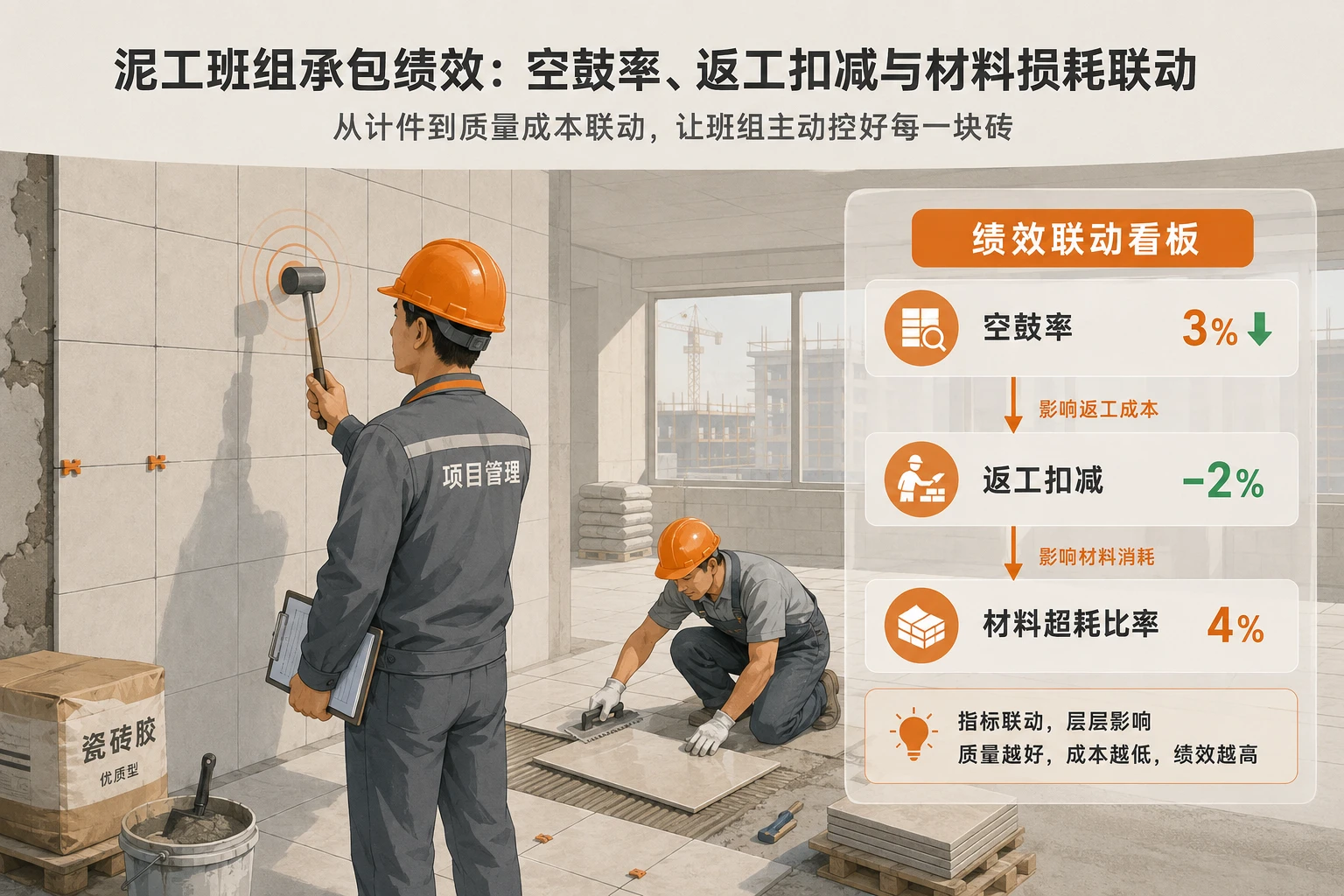 泥工班组承包绩效模板：空鼓率、返工扣减与材料损耗联动
