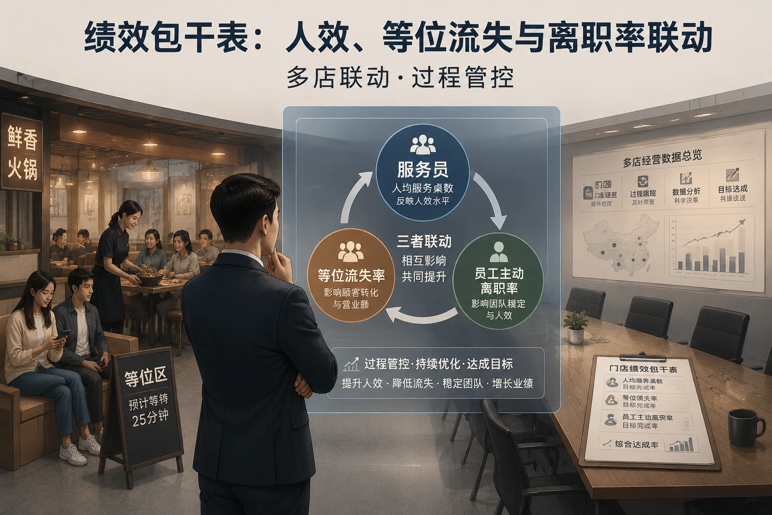 火锅连锁区域经理绩效包干表：人效、等位流失与离职率联动