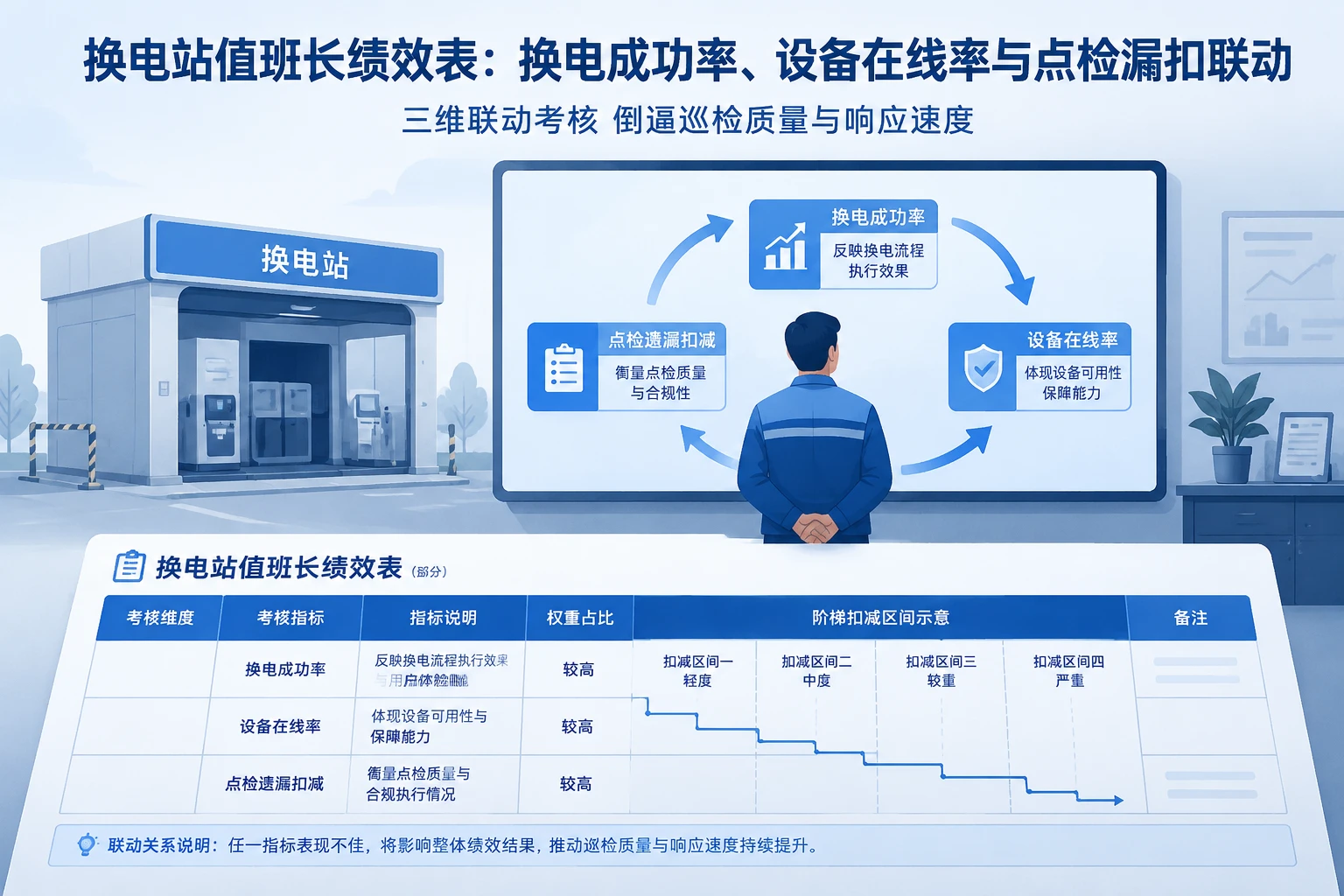 2026年换电站值班长绩效表:换电成功率、设备在线率与点检漏扣联动