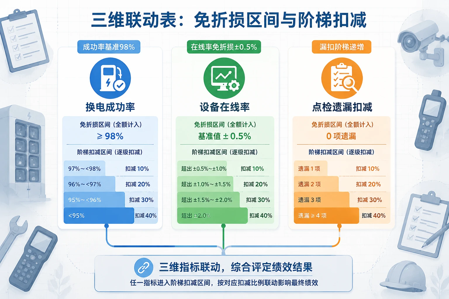 2026年换电站值班长绩效表:换电成功率、设备在线率与点检漏扣联动