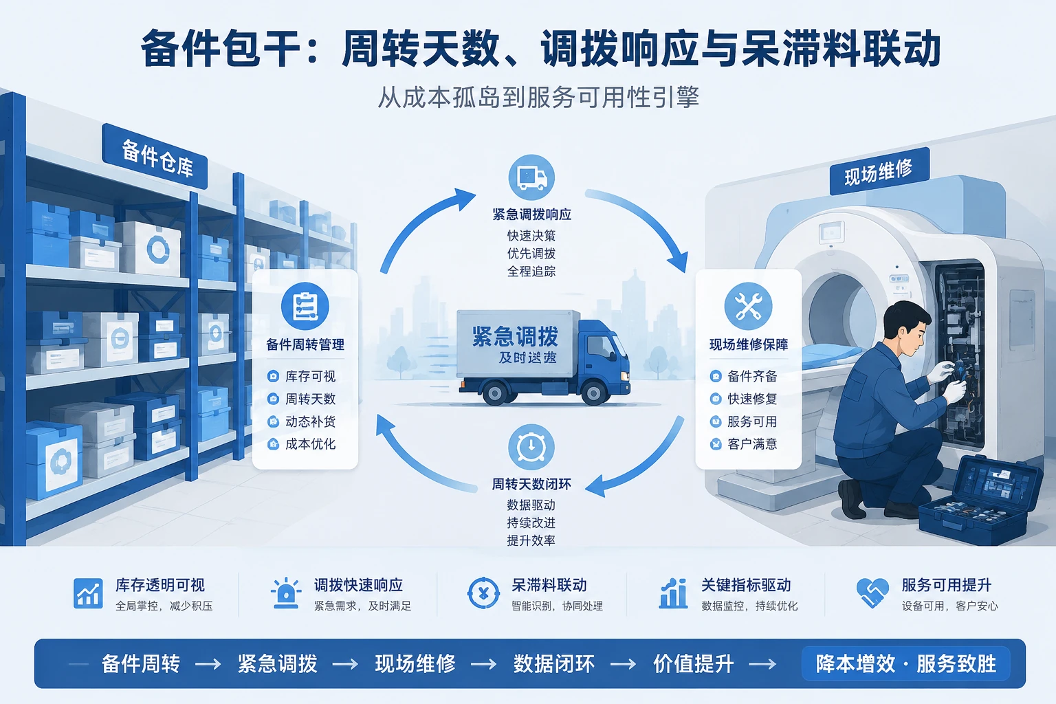 影像设备备件主管包干：周转天数、紧急调拨响应与呆滞料联动