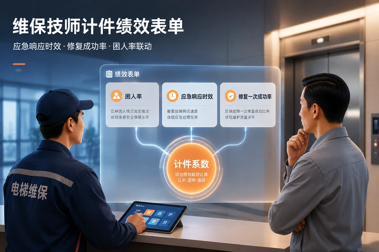 维保技师计件绩效表单：应急响应时效、修复成功率与困人率联动