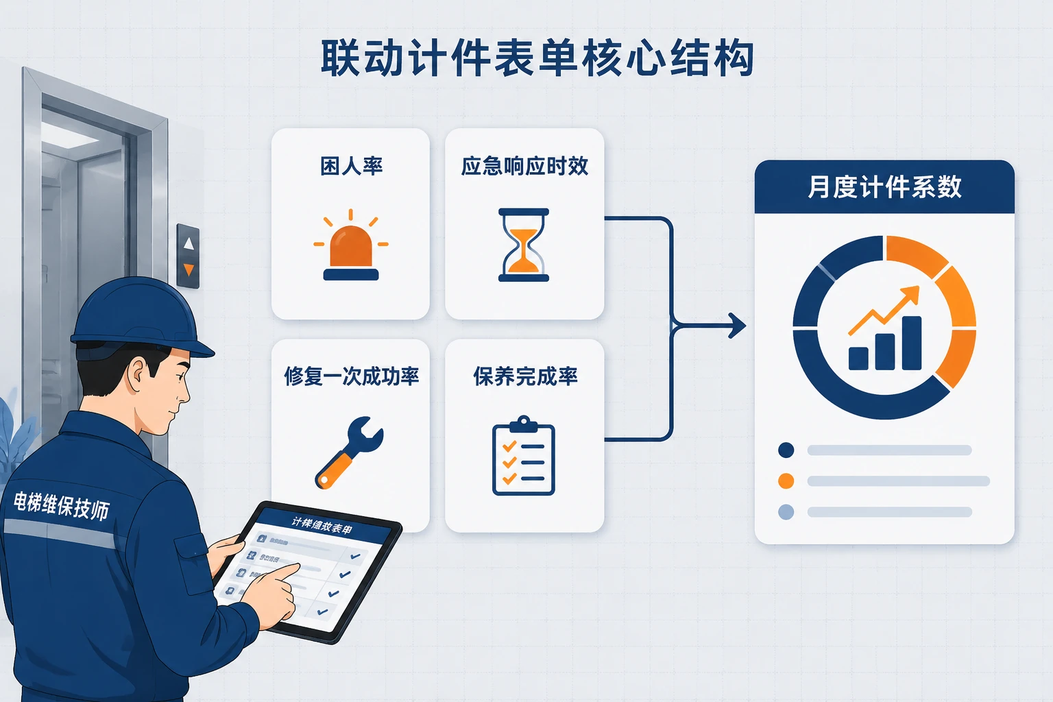 维保技师计件绩效表单：应急响应时效、修复成功率与困人率联动