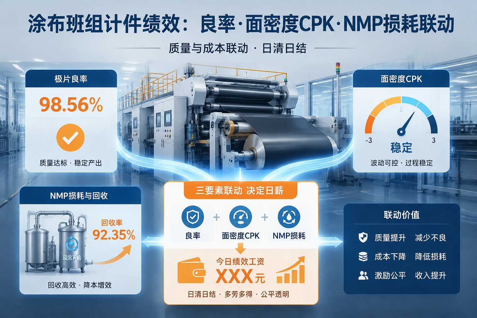 涂布班组计件绩效表单：极片良率、面密度CPK与NMP损耗联动（2026年版）
