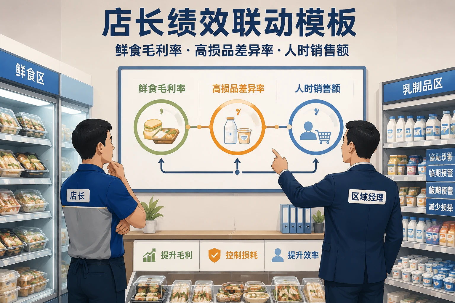 连锁便利店店长绩效联动模板:鲜食毛利率、高损品差异率与人时销售额
