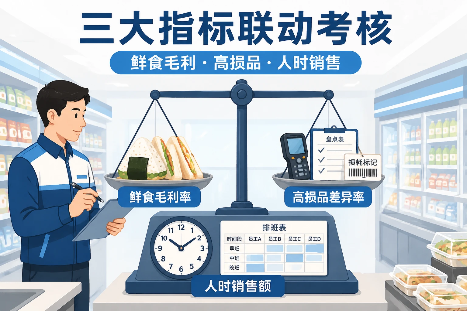 连锁便利店店长绩效联动模板:鲜食毛利率、高损品差异率与人时销售额