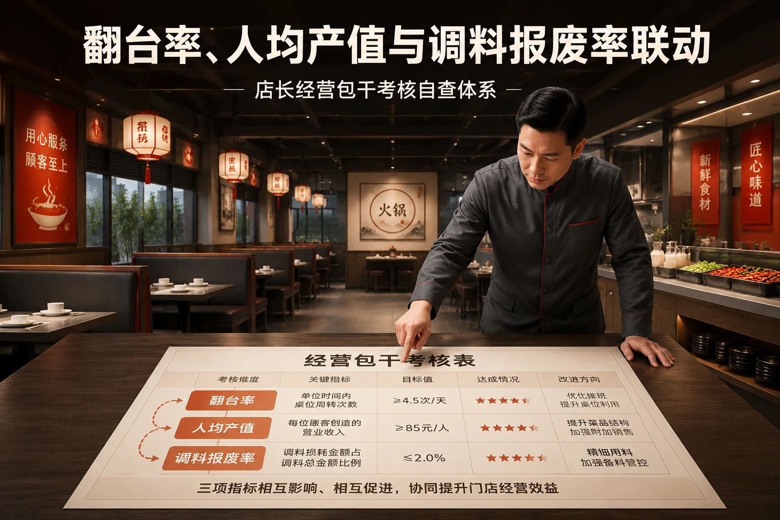 连锁火锅店长包干表:翻台率、人均产值与调料报废率联动