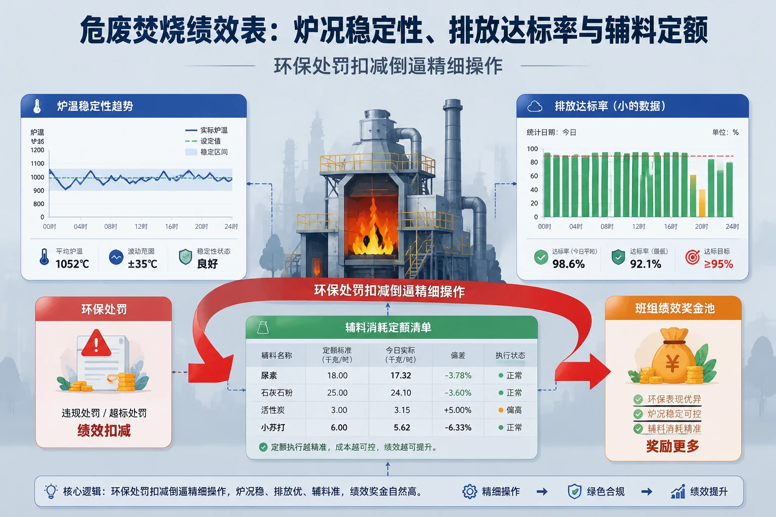 危废焚烧绩效表：炉况稳定性、排放达标率与辅料定额