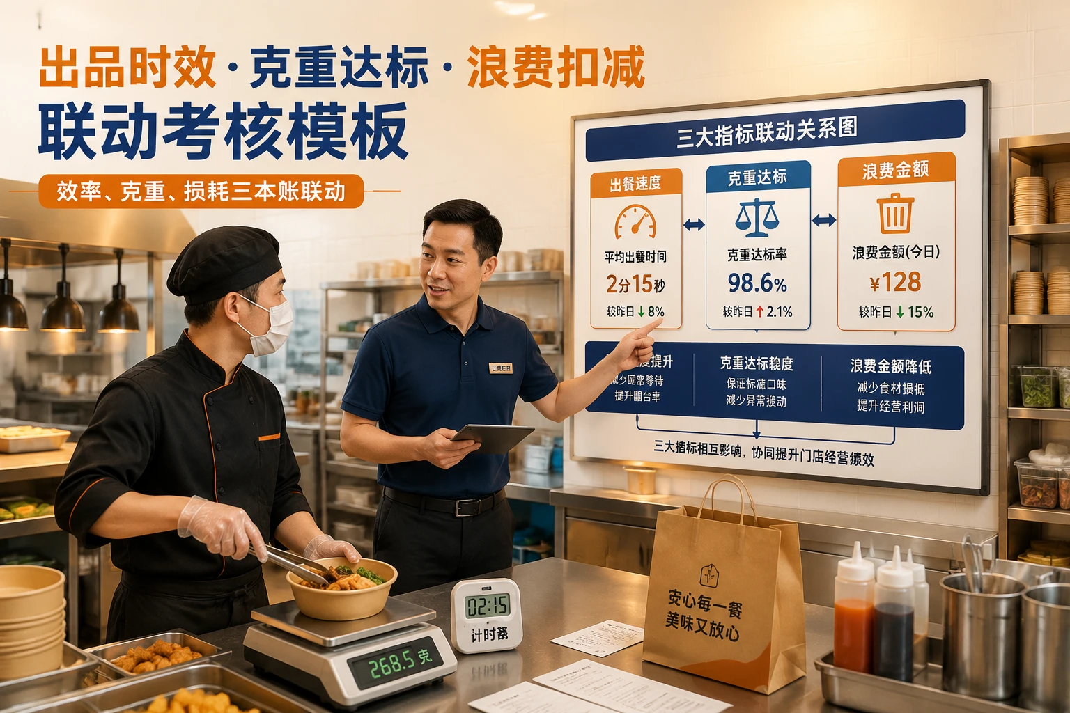 2026年快餐后厨计件绩效表：出品时效、克重达标与浪费扣减联动模板