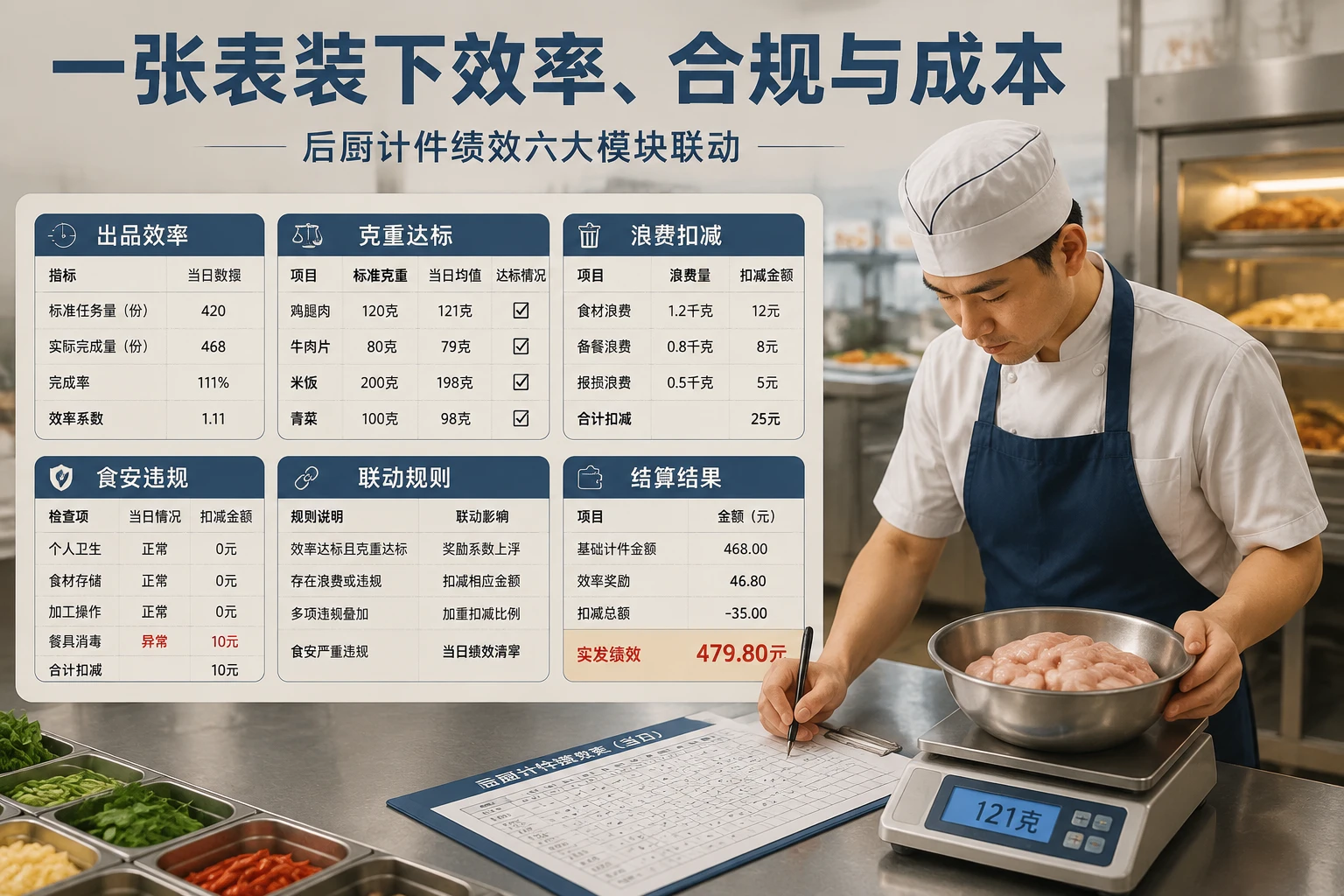 2026年快餐后厨计件绩效表：出品时效、克重达标与浪费扣减联动模板