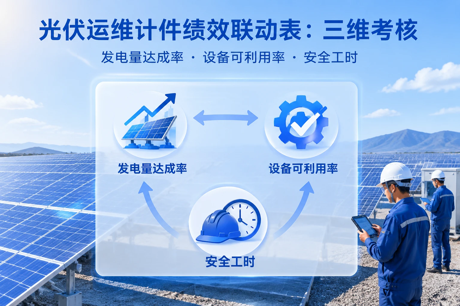 光伏运维计件绩效联动表：发电量达成率、可利用率与安全工时三维考核