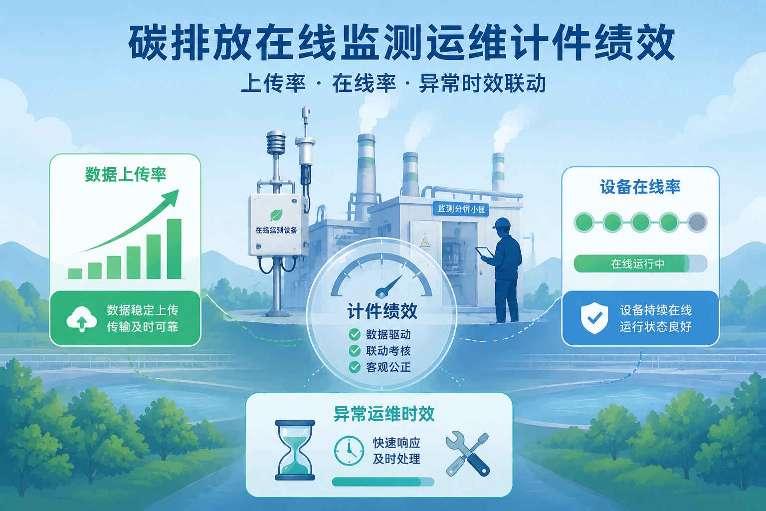 碳排放在线监测运维计件绩效：上传率、在线率与异常时效联动