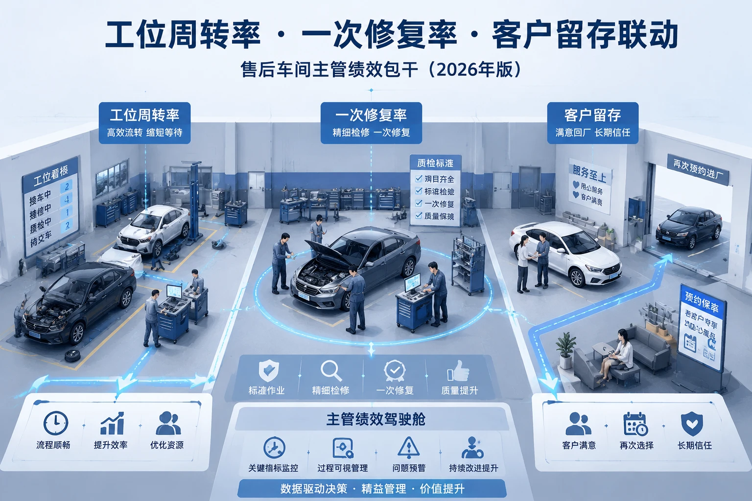 4S店售后车间主管绩效表:工位周转率、一次修复率与客户留存联动(2026年版)