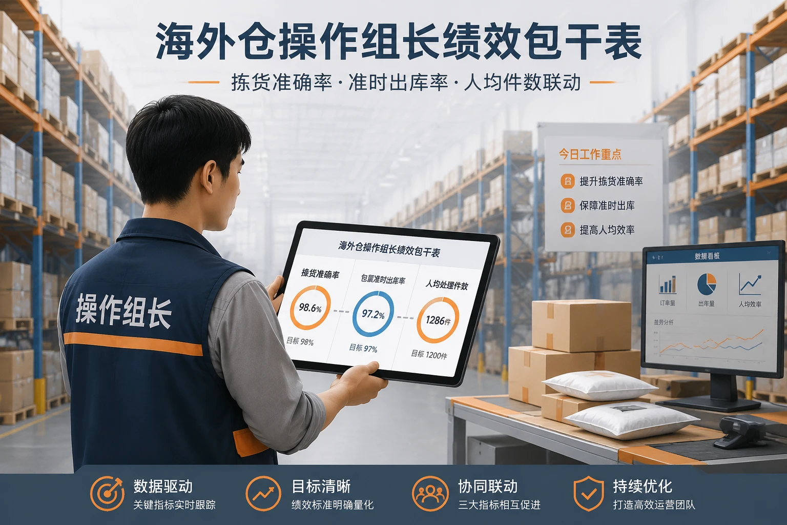 海外仓操作组长绩效包干表：拣货准确率、准时出库率与人均件数联动