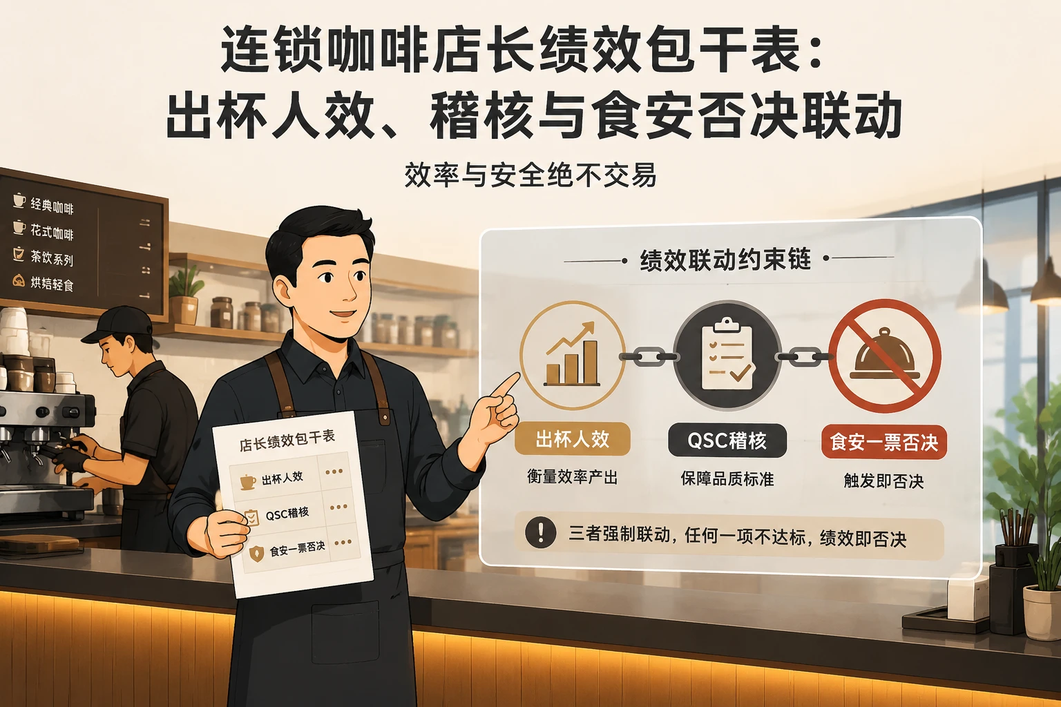 连锁咖啡店长绩效包干表:出杯人效、稽核与食安否决联动