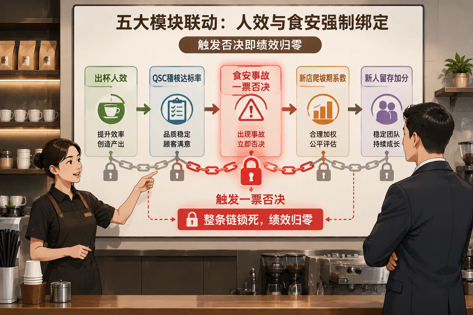 连锁咖啡店长绩效包干表:出杯人效、稽核与食安否决联动