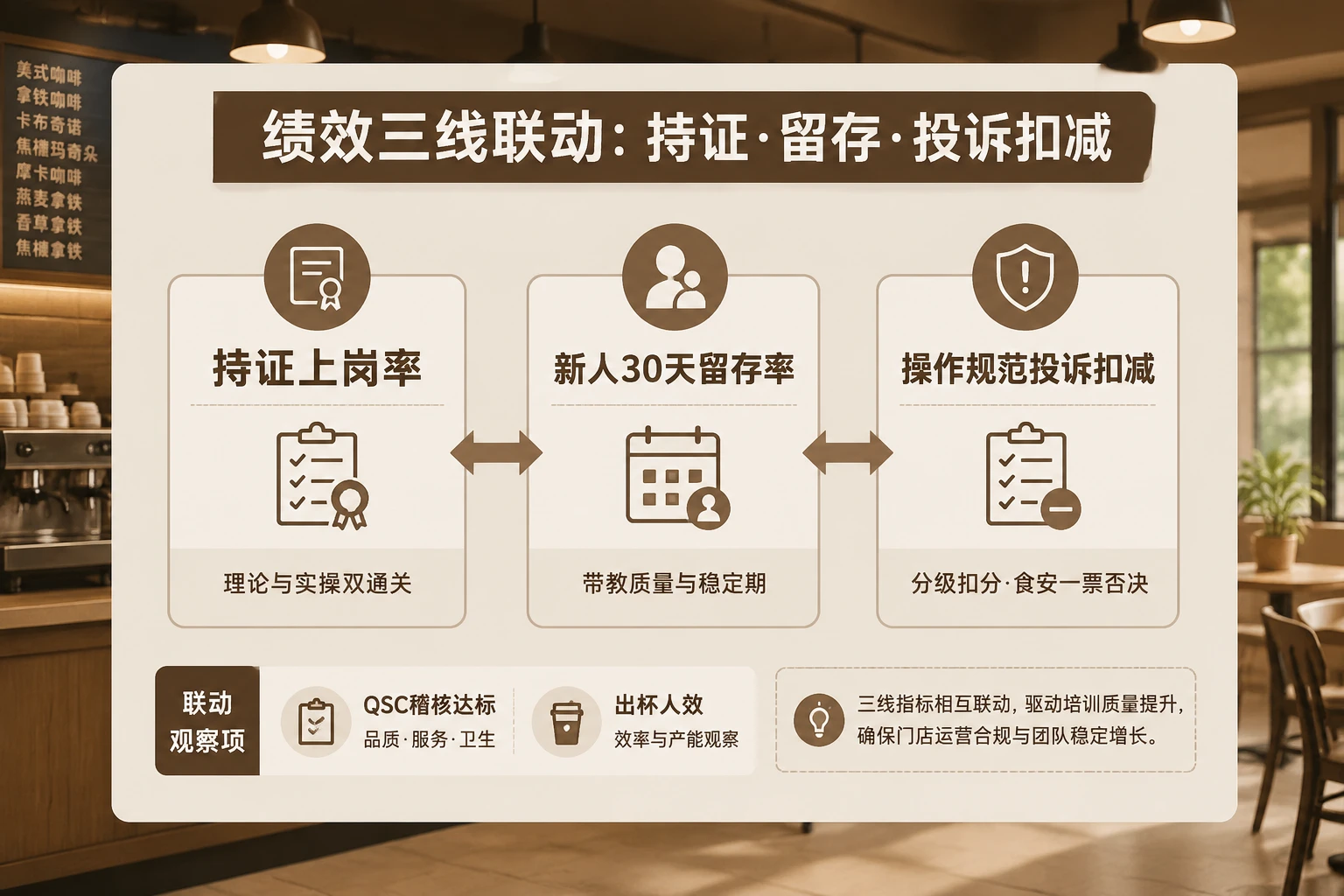 2026年连锁咖啡培训主管绩效表：持证上岗/新人留存/投诉扣减